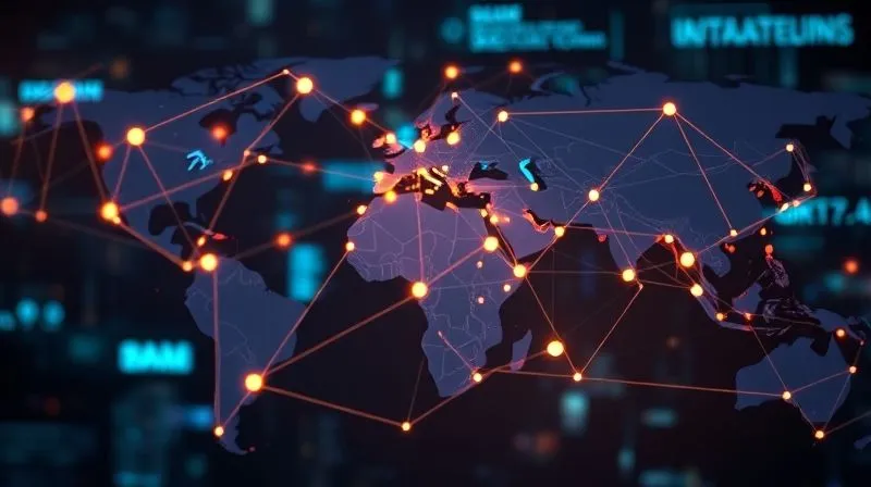A photorealistic image of a complex, interconnected global supply chain network diagram, with strong, reinforced links and multiple alternative routes visible, symbolizing resilience and diversification. The network is glowing with faint energy, set against a modern, data-driven background. 8K, cinematic lighting, sharp focus, depth of field, professional photography.