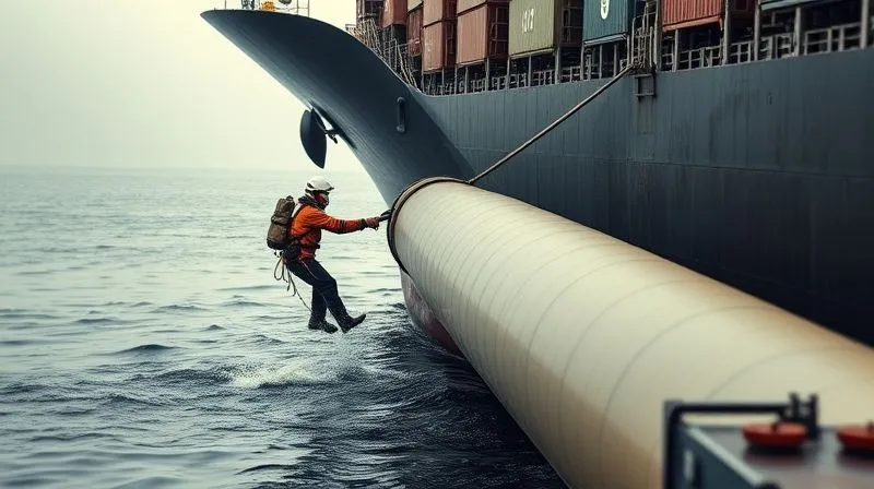 Photorealistic, professional photography, 8K, cinematic lighting, sharp focus, depth of field. A ship's crew member in protective gear, quickly deploying an oil containment boom from the side of a large cargo vessel in a calm port. The water shows a subtle, contained oil sheen. The atmosphere is urgent but controlled, emphasizing immediate action and professionalism.