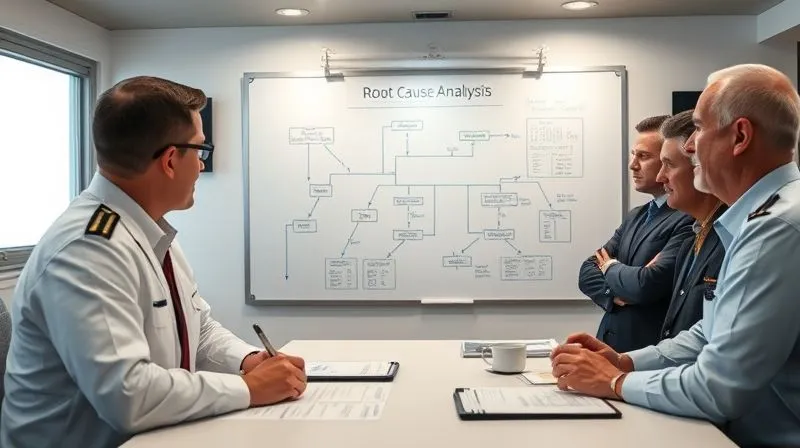 Photorealistic, professional photography, 8K, cinematic lighting, sharp focus, depth of field. A small team of maritime experts, dressed in professional attire, gathered around a large whiteboard in a ship's office. They are actively engaged in a root cause analysis, with flowcharts and diagrams drawn on the board, illustrating a problem-solving process. The mood is focused and collaborative.