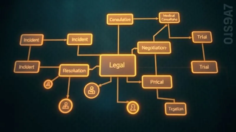 photorealistic, professional photography, 8K, cinematic lighting, sharp focus, depth of field, shot on a high-end DSLR. A stylized legal flowchart with interconnected nodes representing 'Incident', 'Medical Care', 'Legal Consultation', 'Investigation', 'Discovery', 'Negotiation', 'Trial', and 'Resolution'. The nodes are subtly glowing, against a dark, textured background, conveying complexity and progression.