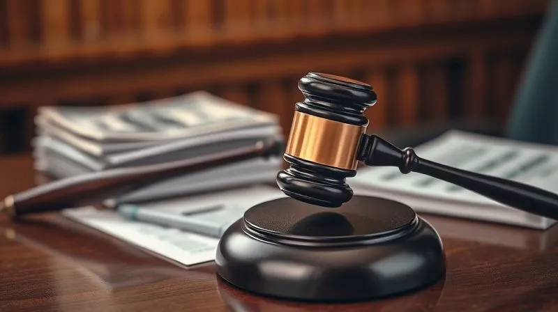 A photorealistic image of a gavel striking a sound block on a judge's bench, with blurred legal documents and a stack of money in the background, symbolizing legal consequences for financial deception. Cinematic lighting, sharp focus on the gavel, 8K hyper-detailed, depth of field.