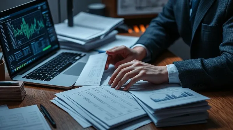 A photorealistic, professional photography image of a forensic accountant meticulously examining ledgers and financial statements at a desk, surrounded by stacks of documents, with a laptop displaying complex data. The scene is lit with focused, analytical lighting, sharp focus on the documents and hands, 8K hyper-detailed, depth of field.