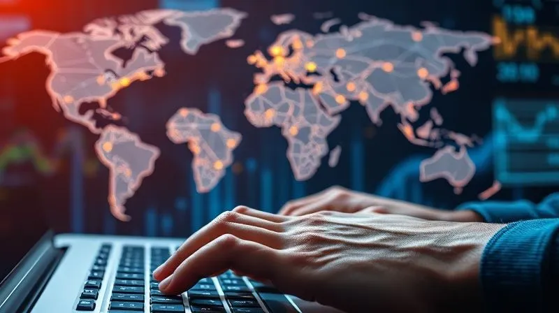 A photorealistic, professional photography image of a global financial network represented by glowing lines connecting various continents on a holographic world map. In the foreground, hands are typing on a keyboard, with blurred cryptocurrency charts on a screen. Cinematic lighting, sharp focus on the network and hands, 8K hyper-detailed, depth of field.