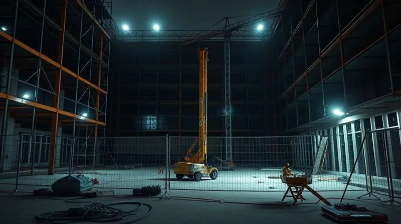Photorealistic, professional photography, 8K, cinematic lighting, sharp focus, depth of field, shot on a high-end DSLR, an empty construction site with scaffolding, a single unused crane, and scattered tools, bathed in the eerie glow of emergency floodlights, conveying a sense of sudden abandonment and the urgent need for security measures. A clear plastic barrier is being erected around a section of the site.