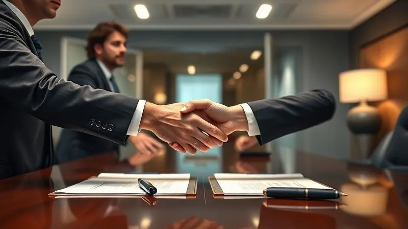 Photorealistic, professional photography, 8K, cinematic lighting, sharp focus, depth of field, shot on a high-end DSLR, two business professionals in suits shaking hands across a polished conference table, with legal documents and pens in the foreground, illuminated by soft, professional office lighting, conveying a sense of successful negotiation and dispute resolution.