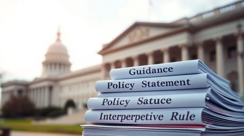 photorealistic, professional photography, 8K, cinematic lighting, sharp focus, depth of field, shot on a high-end DSLR, a blurred government building in the background, with a sharp focus on a stack of official-looking documents labeled 'Guidance,' 'Policy Statement,' and 'Interpretive Rule,' subtly suggesting that their true nature is being questioned, a sense of legal ambiguity.