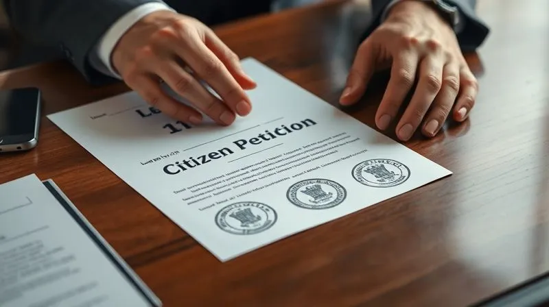 photorealistic, professional photography, 8K, cinematic lighting, sharp focus, depth of field, shot on a high-end DSLR, a person's hands meticulously arranging legal documents, including a 'Citizen Petition' with official seals, on a polished wooden desk, emphasizing precision and the gravity of formal legal submissions, soft, focused lighting.