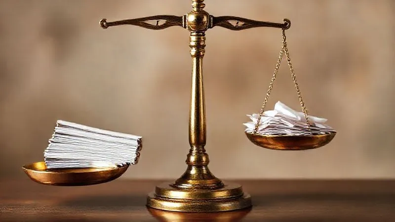 A photorealistic, professional image of a perfectly balanced set of antique brass scales of justice, with one pan holding a stack of neatly organized, substantial legal documents, and the other pan empty or holding only a few scattered, thin papers, symbolizing the imbalance of evidence. The background is a soft, warm glow, suggesting hope and fairness. Cinematic lighting, sharp focus on the scales, depth of field. Professional photography, 8K, shot on a high-end DSLR.