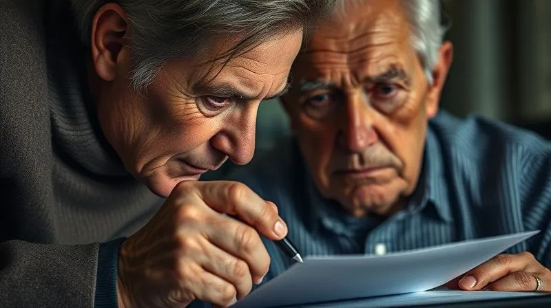 A photorealistic, professional photography, 8K, cinematic lighting, sharp focus, depth of field, shot on a high-end DSLR of a shadowy figure subtly whispering into the ear of a confused elderly person who is holding a pen over a legal document. The elderly person's face shows signs of uncertainty and distress, while the shadowy figure's expression is obscured, symbolizing undue influence and manipulation. Cinematic lighting highlights the elder's vulnerability.