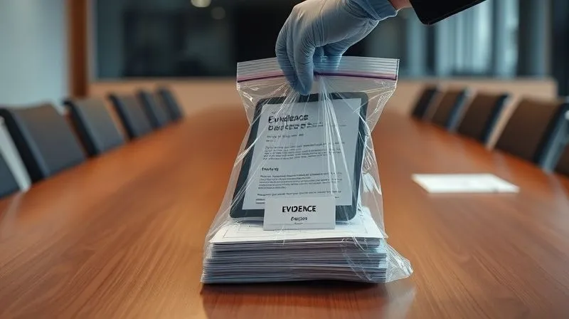 photorealistic, professional photography, 8K, cinematic lighting, sharp focus, depth of field, shot on a high-end DSLR of a gloved hand carefully placing a digital tablet and a stack of printed emails into a clear, labeled evidence bag on a clean, wooden conference table. The background is a slightly blurred, modern office setting, emphasizing the meticulous process of securing information.