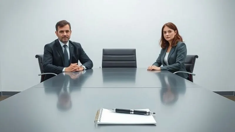 photorealistic, professional photography, 8K, cinematic lighting, sharp focus, depth of field, shot on a high-end DSLR of two serious professionals (one male, one female, diverse ages) seated across a modern, minimalist conference table from an empty chair, with a notepad and pen prominently in the foreground. The lighting is soft but clear, emphasizing the gravity of an investigative interview setting.