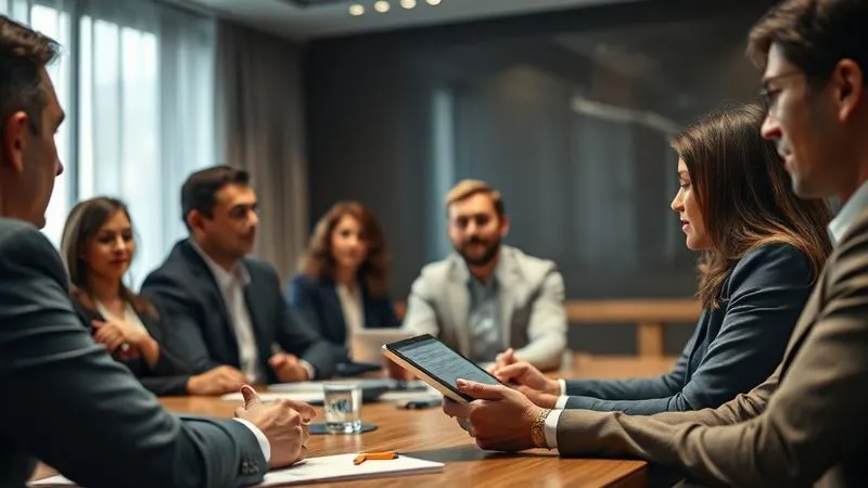 Photorealistic, professional photography, 8K, cinematic lighting, sharp focus, depth of field, shot on a high-end DSLR. A diverse group of professionals in a conference room, one person speaking calmly while another takes detailed notes on a tablet, a subtle sense of serious discussion and careful listening. Soft, professional lighting illuminates the scene.