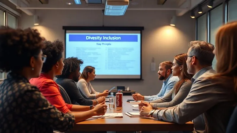 Photorealistic, professional photography, 8K, cinematic lighting, sharp focus, depth of field, shot on a high-end DSLR. A diverse group of employees actively participating in a corporate training session on diversity and inclusion, with a projector screen displaying key principles. The atmosphere is engaged and collaborative, with warm, professional lighting.