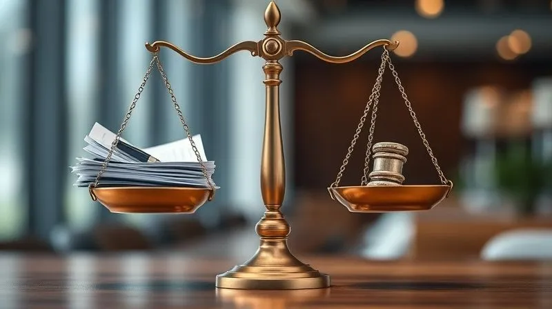 A photorealistic image of a stylized set of legal scales perfectly balanced, with documents and a small gavel on one side, and a symbolic representation of 'fairness' or 'employee rights' on the other. The background is a subtly blurred, modern professional setting, suggesting the intersection of legal principles and workplace reality. Cinematic lighting, sharp focus, depth of field, 8K.
