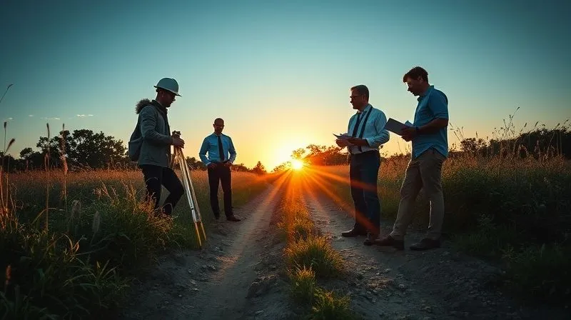 A photorealistic, professional photography, 8K, cinematic lighting, sharp focus, depth of field, shot on a high-end DSLR of a diverse team of real estate professionals (surveyor with equipment, lawyer with documents, developer with blueprints) meticulously examining an overgrown, historic dirt path on a large undeveloped property. The sun is setting, casting long, investigative shadows.