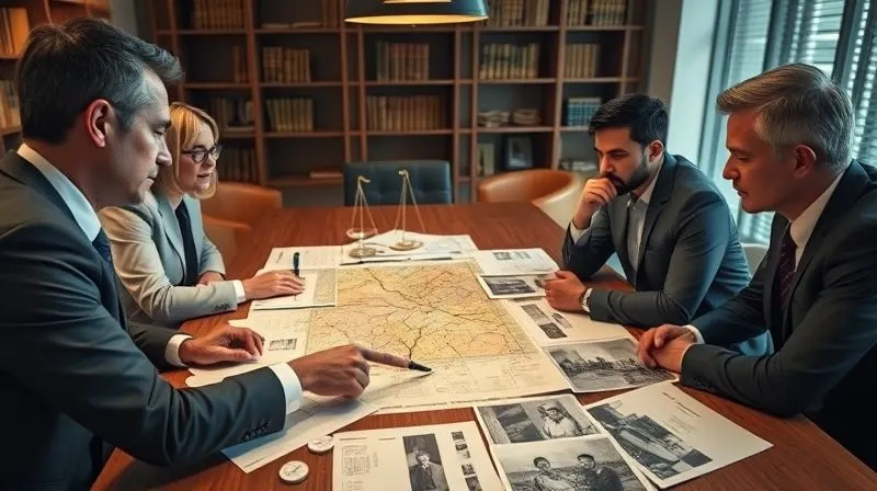 A photorealistic, professional photography, 8K, cinematic lighting, sharp focus, depth of field, shot on a high-end DSLR of a legal team intently reviewing documents, maps, and historical photographs spread across a large conference table in a modern law office. One lawyer points to a specific detail on a map, with serious, determined expressions on their faces. The mood is focused and strategic.