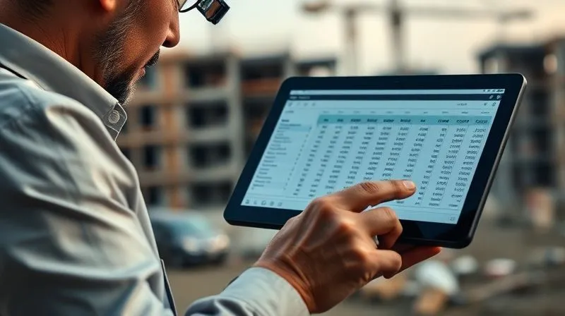 A photorealistic, professional photography, 8K, cinematic lighting, sharp focus, depth of field, shot on a high-end DSLR of a distressed developer looking at a complex financial spreadsheet on a tablet, with a blurred background of a construction site that appears stalled. The lighting is somber, highlighting the stress and financial burden.