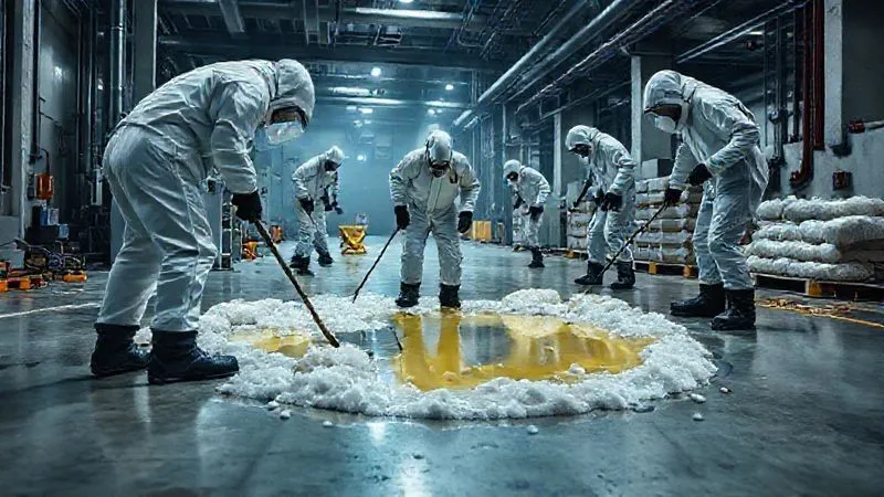 A photorealistic, professional photography, 8K, cinematic lighting, sharp focus, depth of field, shot on a high-end DSLR, depicting a team in hazmat suits deploying absorbent booms around a contained liquid spill on an industrial concrete floor, with a clear focus on the containment effort and a sense of controlled urgency. No text or logos visible.