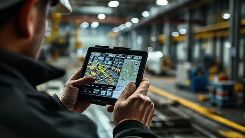 A photorealistic, professional photography, 8K, cinematic lighting, sharp focus, depth of field, shot on a high-end DSLR, depicting a person in an industrial setting taking detailed, timestamped photos of a contained environmental spill with a rugged tablet, emphasizing the meticulous documentation process. The scene is well-lit, showing the spill area and containment efforts in the background. No text or logos visible.