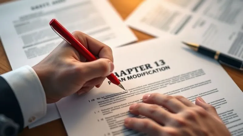 A photorealistic, professional photography, 8K, cinematic lighting, sharp focus on a hand holding a red pen, making an amendment on a legal document titled 'Chapter 13 Plan Modification', with other blurred legal papers in the background, conveying precision and careful adjustment, depth of field, shot on a high-end DSLR.