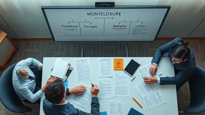 A photorealistic overhead shot of a legal team collaborating around a large table, reviewing mortgage documents and bankruptcy filings. A whiteboard in the background shows a timeline with 'Foreclosure' and 'Bankruptcy' points, connected by strategy arrows. Cinematic lighting, sharp focus on documents, depth of field blurring the background team members, 8K hyper-detailed.