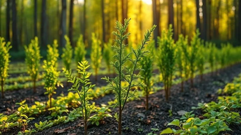 A photorealistic, professional photography image of a recently reforested area, with young, vibrant native trees carefully planted in rows, surrounded by a healthy, natural undergrowth. The scene is bathed in warm, cinematic sunlight, highlighting the new growth and symbolizing hope and environmental recovery. Sharp focus on the young trees, with a gentle depth of field blurring the background of a mature forest. 8K hyper-detailed, shot on a high-end DSLR.