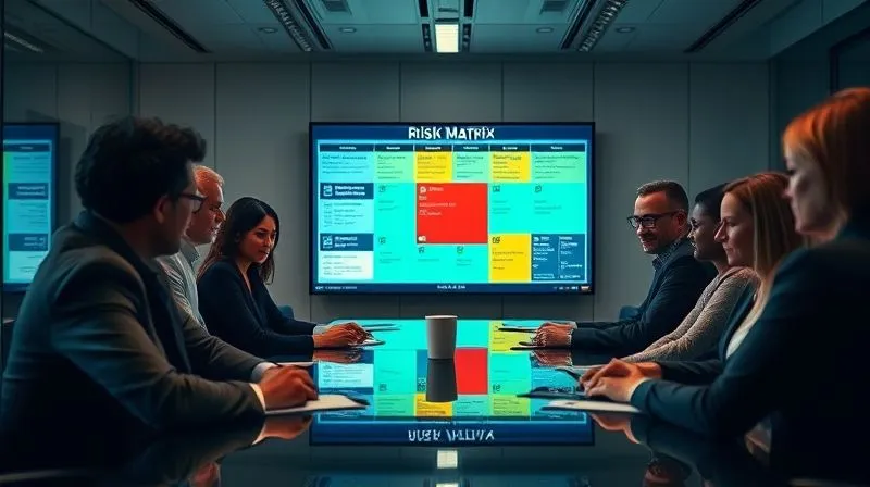 A photorealistic image of a diverse, serious crisis management team in a modern boardroom, intensely focused on a large digital screen displaying a risk matrix. Cinematic lighting highlights their faces, sharp focus on the team, depth of field blurring the background, 8K hyper-detailed, professional photography, shot on a high-end DSLR.