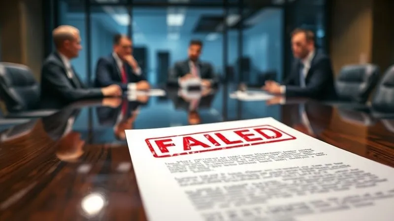 A photorealistic image of a legal document with a red 'FAILED' stamp, lying on a polished conference table. In the background, blurred figures of regulators and corporate lawyers are in serious discussion. Cinematic lighting, sharp focus on the document, depth of field, 8K hyper-detailed, professional photography, shot on a high-end DSLR.