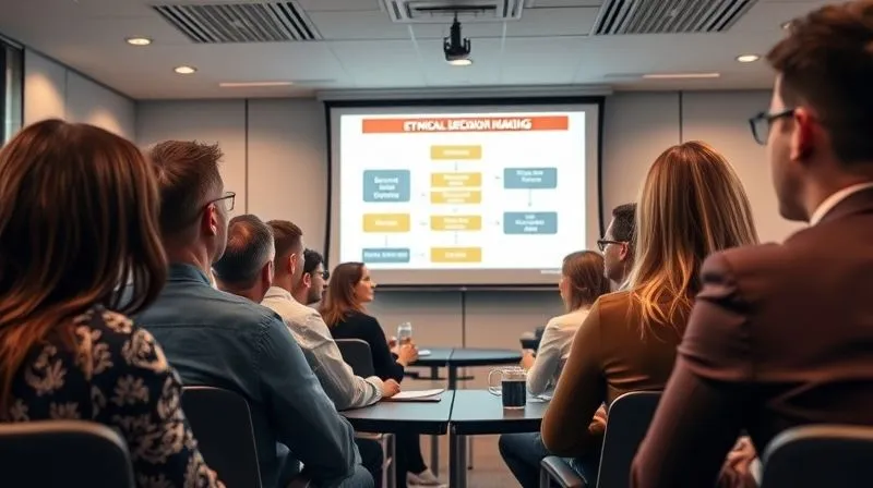 A photorealistic image of a diverse group of employees participating in an interactive corporate compliance training session, with a projector screen displaying a flowchart of ethical decision-making. The atmosphere is engaged and professional, with cinematic lighting, sharp focus on the participants, depth of field, 8K hyper-detailed, professional photography, shot on a high-end DSLR.