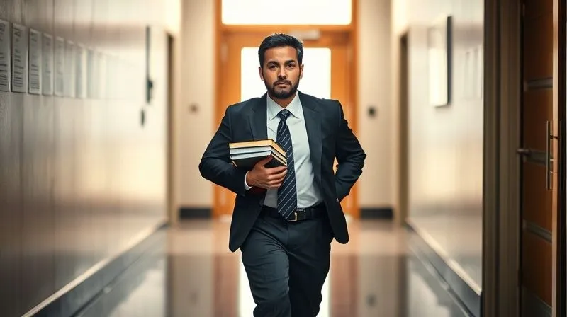 Photorealistic, professional photography, 8K, cinematic lighting, sharp focus, depth of field, shot on a high-end DSLR. A determined legal professional, mid-stride, moving away from a closed hearing room door towards a brighter, open corridor, symbolizing the transition from administrative hearing to appeal. The professional carries a stack of legal documents, their face reflecting resilience and strategic intent.