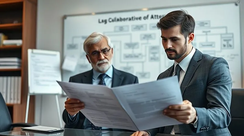 Photorealistic, professional photography, 8K, cinematic lighting, sharp focus, depth of field, shot on a high-end DSLR. Two legal professionals in a well-appointed office, one older and mentoring, the other younger and attentive, reviewing complex legal documents and discussing strategy. A whiteboard in the background shows a flowchart of legal procedures, highlighting collaboration and expert guidance.