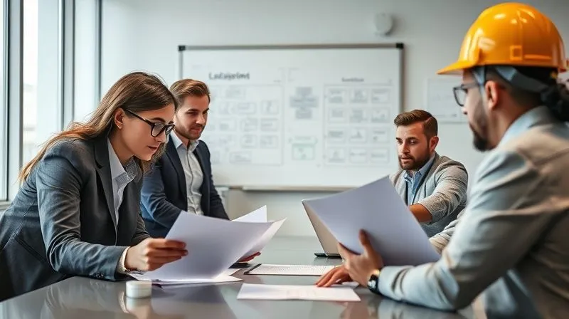 A photorealistic image of a diverse team of professionals (legal counsel, environmental manager, facility operator) in a modern conference room, intensely discussing documents related to environmental regulations, with a whiteboard in the background showing flowcharts. Cinematic lighting, sharp focus on the team's faces, depth of field blurring the room. 8K hyper-detailed, professional photography, shot on a high-end DSLR.