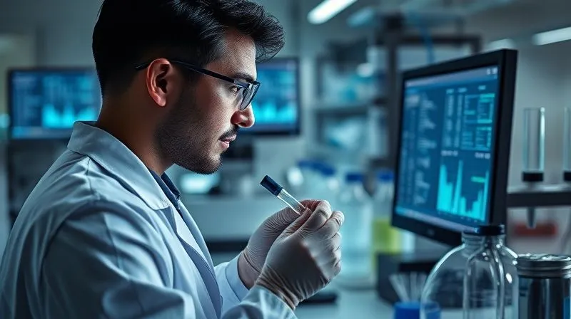 A photorealistic image of a forensic environmental scientist in a laboratory, meticulously examining water samples and data on a monitor, surrounded by scientific equipment. Focus on precision and detail, with clear, analytical lighting. Sharp focus on the scientist's hands and the samples, depth of field blurring the lab background. 8K hyper-detailed, professional photography, shot on a high-end DSLR.