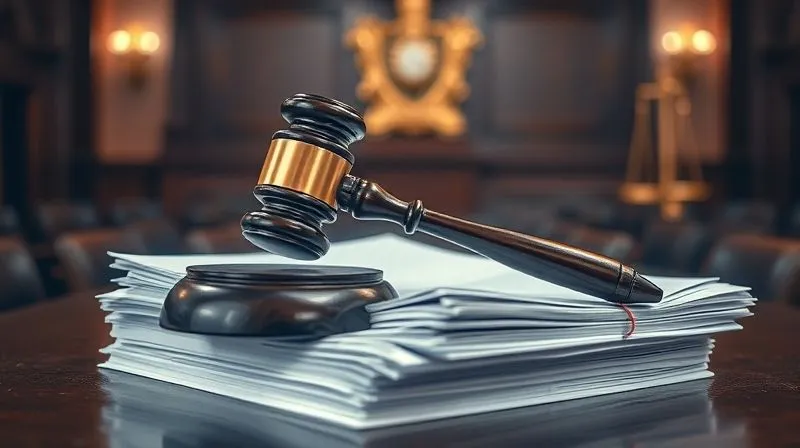 photorealistic, professional photography, 8K, cinematic lighting, sharp focus, depth of field, shot on a high-end DSLR, a judge's gavel resting on a stack of legal documents, with a blurred background of a courtroom, conveying authority and legal action.