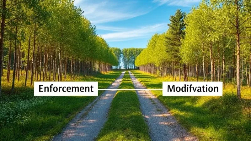 photorealistic, professional photography, 8K, cinematic lighting, sharp focus, depth of field, shot on a high-end DSLR, a diverging path in a lush green forest with a clear blue sky above, one path clearly marked 'Enforcement' and the other 'Modification', symbolizing distinct legal choices.