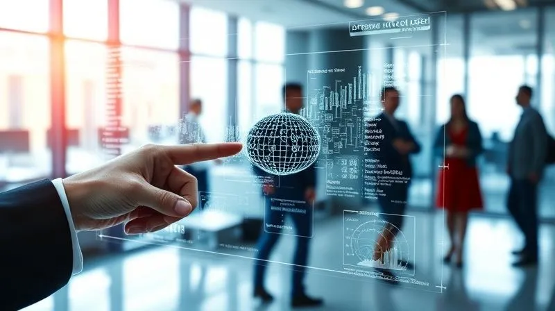 Photorealistic, professional photography, 8K, cinematic lighting, sharp focus, depth of field, shot on a high-end DSLR. A detailed, three-dimensional financial model displayed on a transparent screen, showing intricate data points and algorithms. In the foreground, a professional hand points to a specific data cluster representing an arm's length range, while the background features blurred figures in a modern office, symbolizing complex economic analysis and strategic decision-making.