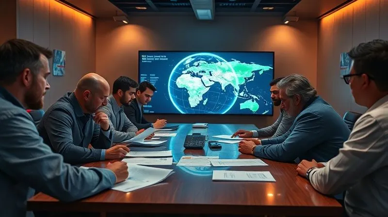 photorealistic, professional photography, 8K, cinematic lighting, sharp focus, depth of field, shot on a high-end DSLR, a tense meeting of shipping executives around a large conference table, reviewing documents and maps, a globe in the background, stress and urgency on their faces, illuminated by the glow of a large monitor displaying ship tracking data.