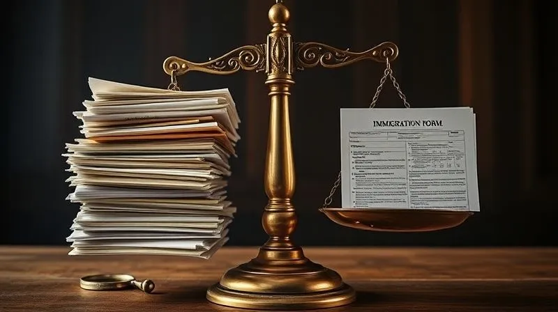 A photorealistic image of a vintage legal scale, with one side heavily weighted down by a stack of criminal court documents, and the other side barely lifting a single immigration form, all under dramatic cinematic lighting, sharp focus on the scale, depth of field blurring the background.