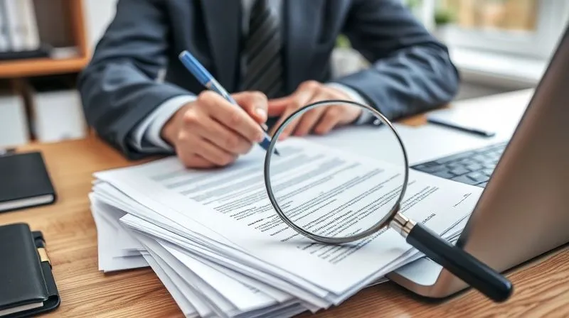 A photorealistic image of a legal professional meticulously examining a stack of legal documents and a laptop displaying immigration forms, with a magnifying glass over a specific clause, in a well-lit, organized office setting, sharp focus on the documents.