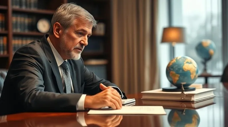 A photorealistic, professional photography, 8K, cinematic lighting, sharp focus, depth of field, shot on a high-end DSLR. A lawyer with an empathetic expression, leaning slightly forward, engaged in a serious but reassuring conversation with a client across a polished desk, with legal books and a subtle globe in the background, suggesting international implications.
