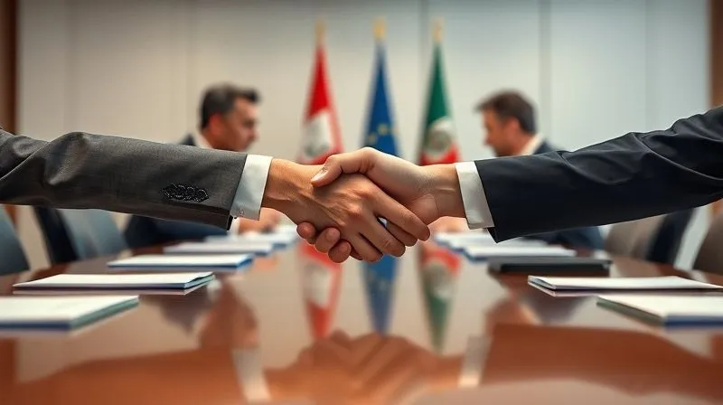 A photorealistic image of two diverse diplomats shaking hands across a polished conference table, one representing an international body, the other a national government, with legal documents and flags subtly in the background. Cinematic lighting, sharp focus on the handshake, depth of field blurring the background, 8K hyper-detailed, professional photography, shot on a high-end DSLR, conveying respectful negotiation and resolution.