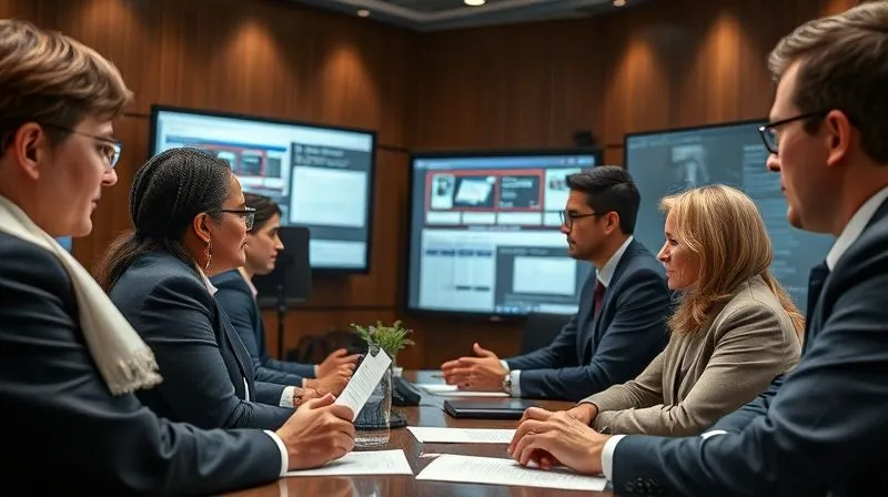 A photorealistic image of a diverse group of legal professionals, including judges, lawyers, and policy makers, engaged in a collaborative workshop on international law, with digital screens showing legal texts and flowcharts. Cinematic lighting, sharp focus on the interaction, depth of field blurring the background, 8K hyper-detailed, professional photography, shot on a high-end DSLR, conveying collaboration and knowledge sharing for legal reform.