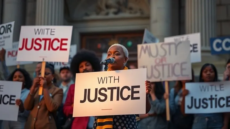 A photorealistic image of diverse activists holding signs with international justice symbols, gathered peacefully outside a government building, with one person speaking passionately into a microphone. Cinematic lighting, sharp focus on the speakers and signs, depth of field blurring the background, 8K hyper-detailed, professional photography, shot on a high-end DSLR, conveying determined advocacy and public pressure for justice.