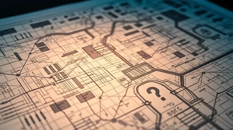 A photorealistic, professional photography, 8K, cinematic lighting, sharp focus, depth of field, shot on a high-end DSLR. A complex, interwoven blueprint for a large-scale clean energy project, with certain sections deliberately blurred or marked with question marks, symbolizing regulatory uncertainty.