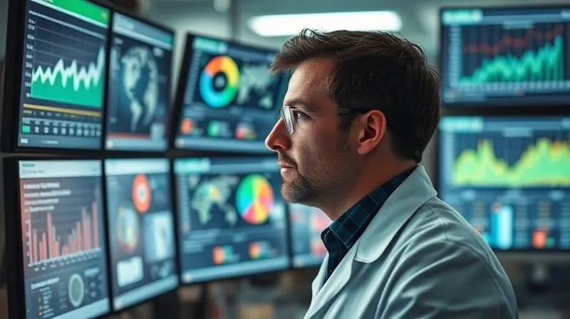 A photorealistic image of a scientist in a lab coat, looking intently at complex data visualizations on multiple screens, showing charts and graphs related to environmental contaminant levels, with a blurred backdrop of lab equipment, cinematic lighting, sharp focus on the scientist's face and screens, depth of field, 8K hyper-detailed, professional photography, shot on a high-end DSLR.