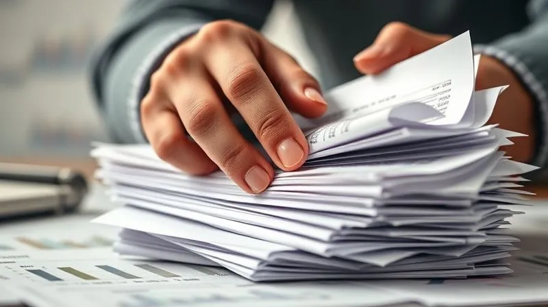 A photorealistic, professional photography, 8K, cinematic lighting, sharp focus, depth of field, shot on a high-end DSLR, of a person's hands meticulously sifting through a stack of invoices and receipts, with some documents highlighted or annotated, against a backdrop of blurred financial charts, symbolizing the detailed process of uncovering discrepancies.