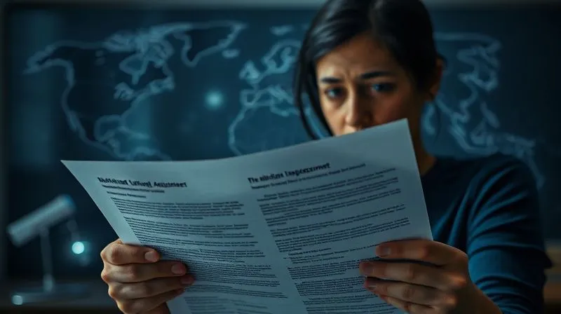 A photorealistic, professional photography, 8K, cinematic lighting, sharp focus, depth of field, shot on a high-end DSLR. Image showing a distressed parent looking at a complex international legal document with blurred world map in the background, symbolizing the legal challenges of international child abduction. The lighting is somber but with a focused beam on the document.