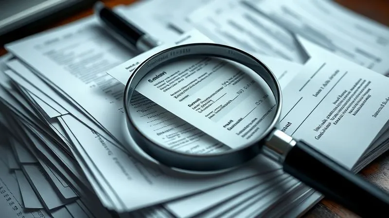 Photorealistic, professional photography, 8K, cinematic lighting, sharp focus, depth of field, shot on a high-end DSLR. A close-up of a stack of disorganized financial documents, with a single document partially pulled out, highlighting suspicious figures or missing information. A magnifying glass hovers over a key detail. The atmosphere is one of intricate investigation.