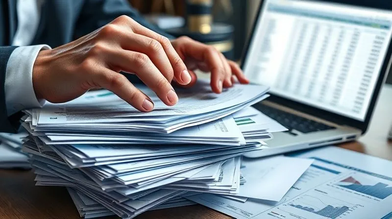 Photorealistic, professional photography, 8K, cinematic lighting, sharp focus, depth of field, shot on a high-end DSLR. A lawyer's hands meticulously sifting through a stack of diverse financial documents and legal papers, with a laptop open in the background showing a spreadsheet. The lighting is focused and analytical, highlighting the intensity of the work.