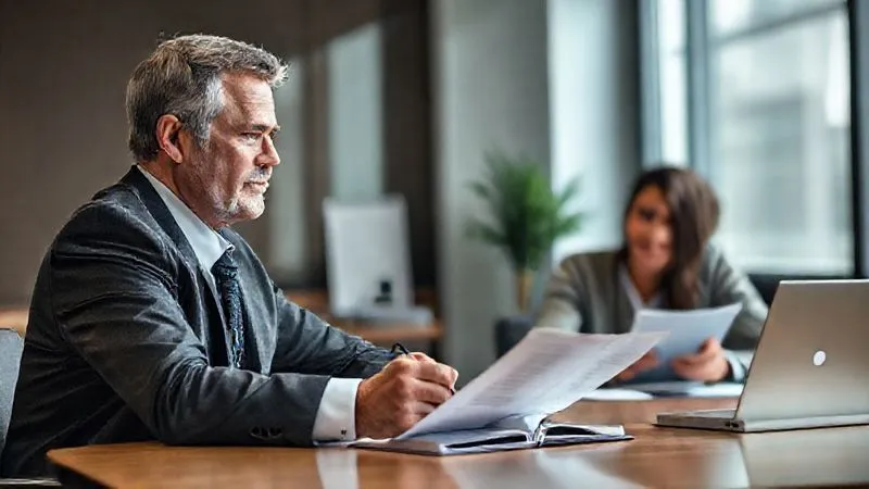 A photorealistic image of a serious-looking male criminal defense attorney, mid-50s, with a compassionate yet determined expression, sitting across a table from a younger client in a modern, professional office. The attorney is leaning forward, listening intently, with an open legal pad and pen. The client looks somewhat relieved but still concerned, recounting their story. Soft, professional lighting, 8K, cinematic lighting, sharp focus, depth of field, shot on a high-end DSLR.